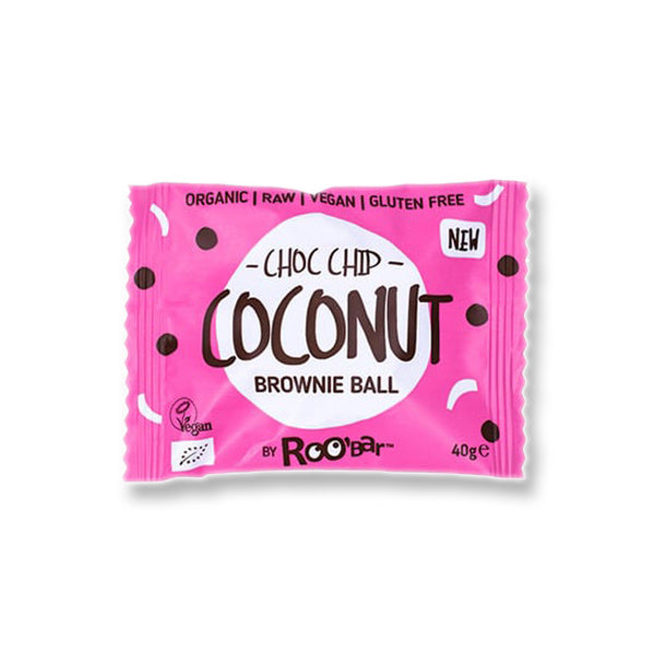 Roobar Choc Chip Coconut Brownie Ball Βιολογικό ωμό επιδόρπιο με κομματάκια νυφάδων καρύδας 40gr