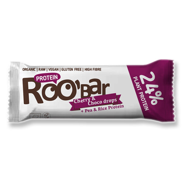Roobar Protein Bar Cherry and Choc drops Επιδόρπιο ακατέργαστης πρωτεΐνης με κεράσι και σοκολάτα 40gr